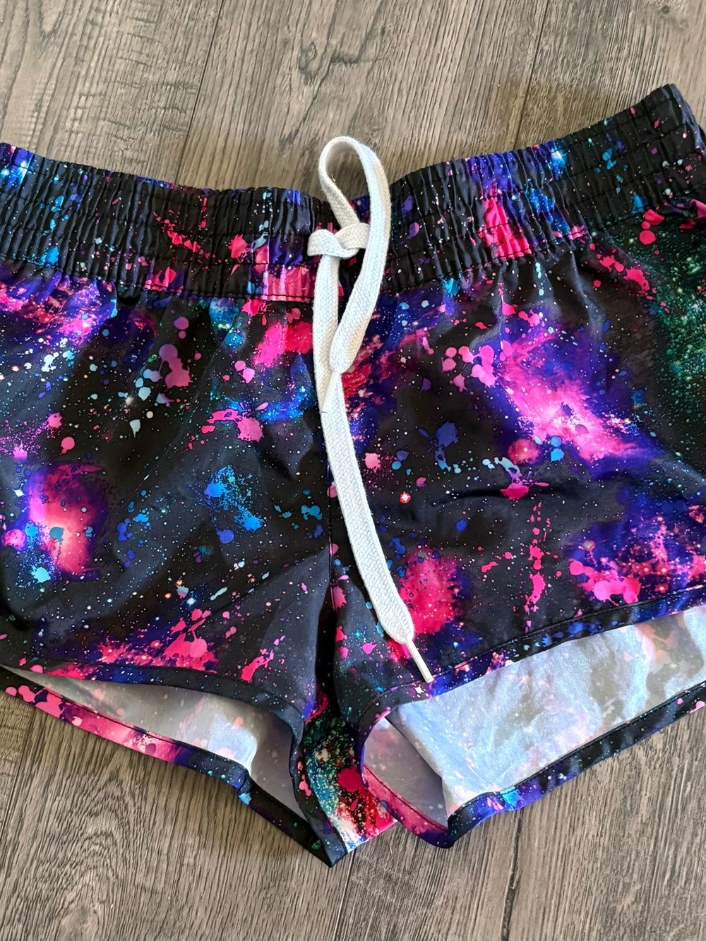 OP Girls' Black Galaxy Swim Shorts with Pink & Blue Splatter